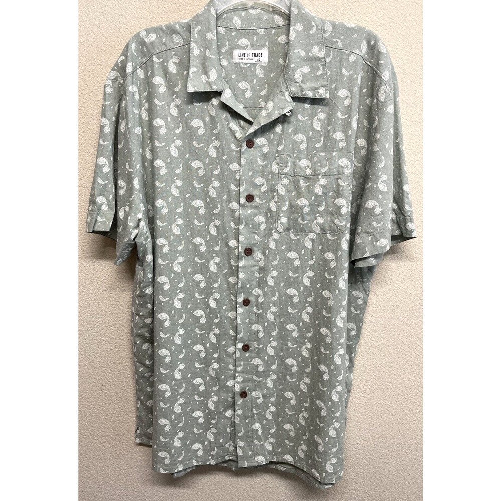 Line Of Trade Linen Blend Button Up Shirt Men's XL Short Sleeve Green Paisley